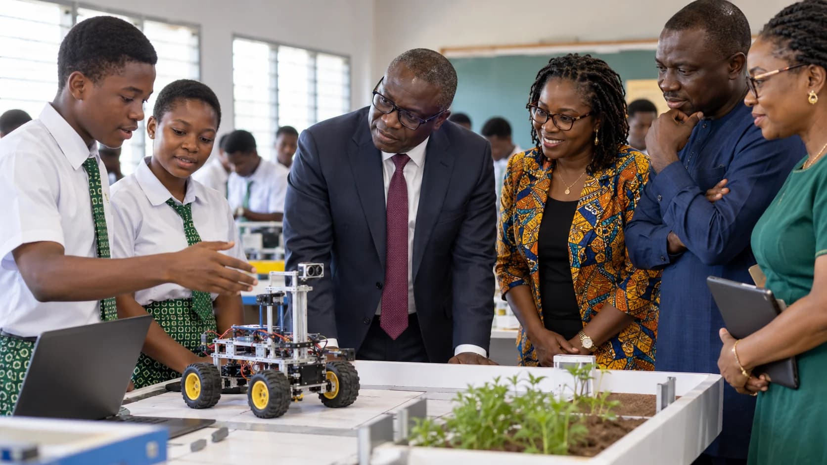 Ghanaian corporate leaders observing students demonstrate a robotics project