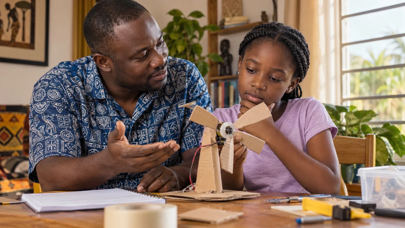 Ghanaian father helping his daughter diagnose a handmade STEM model