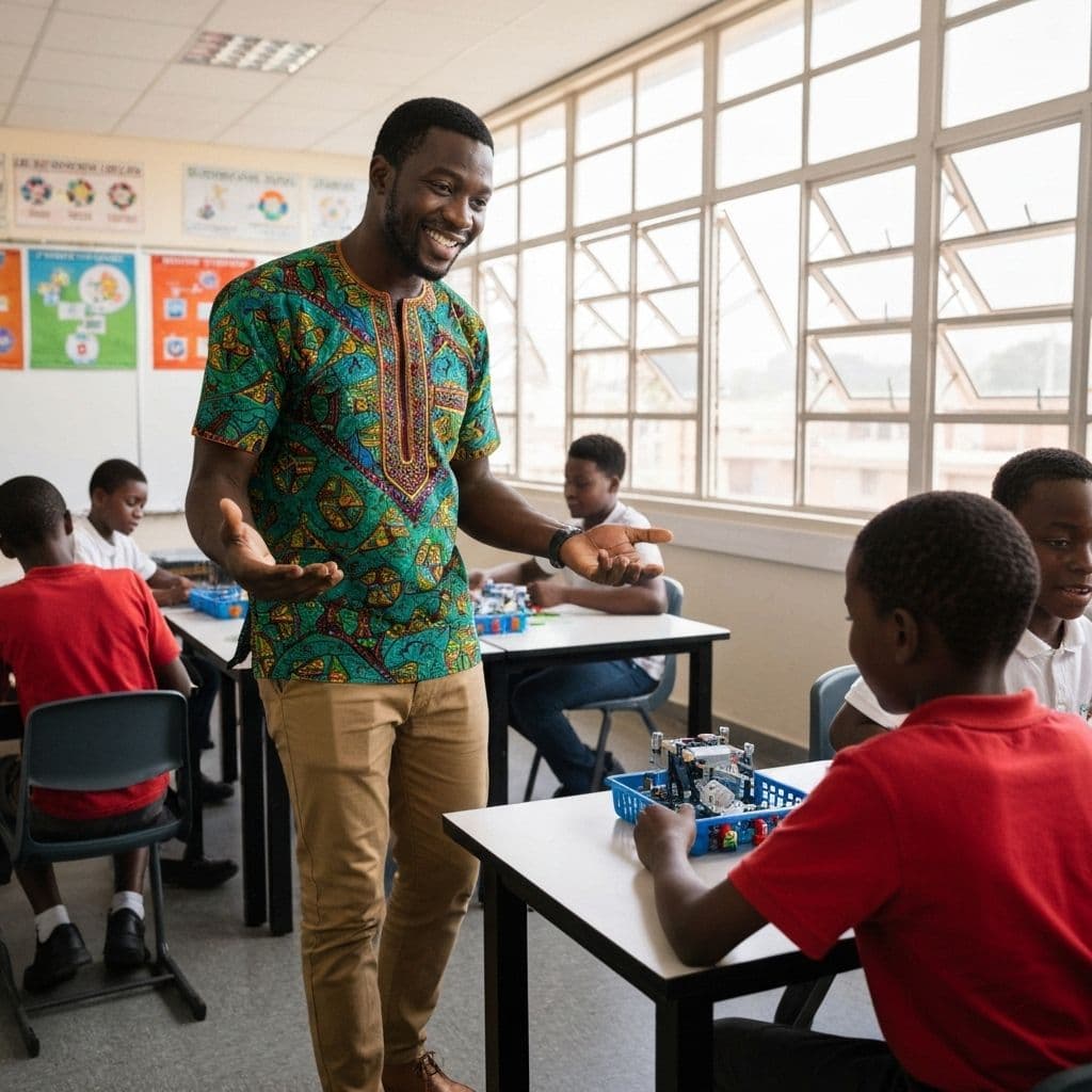 African educator questioning students about the reasoning behind a prototype