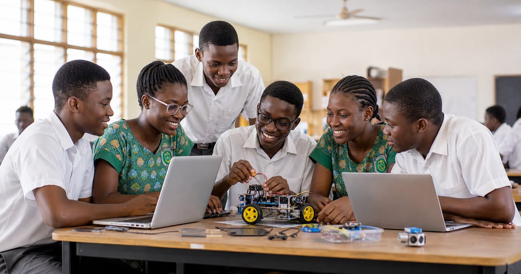 Ghanaian learner receiving thoughtful guidance during a coding lesson